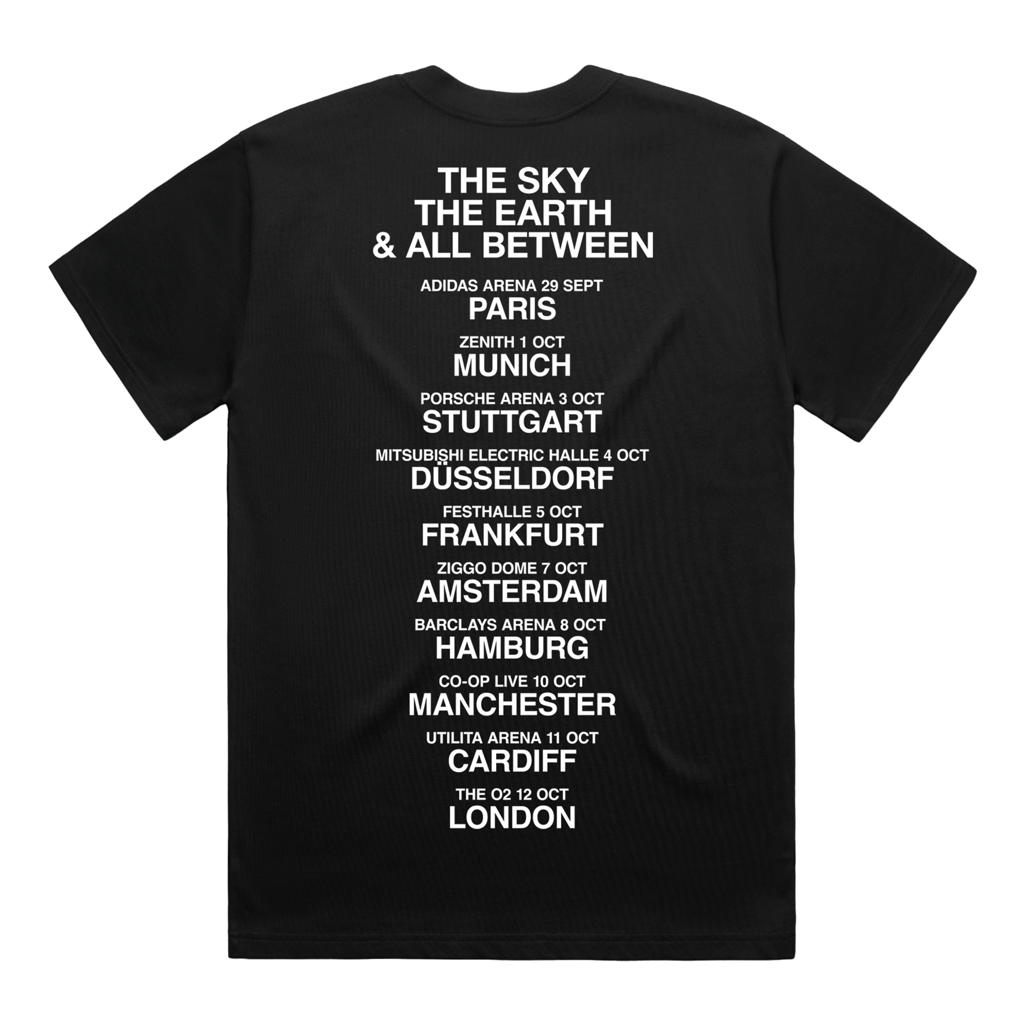 Black short-sleeve unisex regular fit T-shirt with Architects 2025 UK and EU Autumn tour date print across the back.