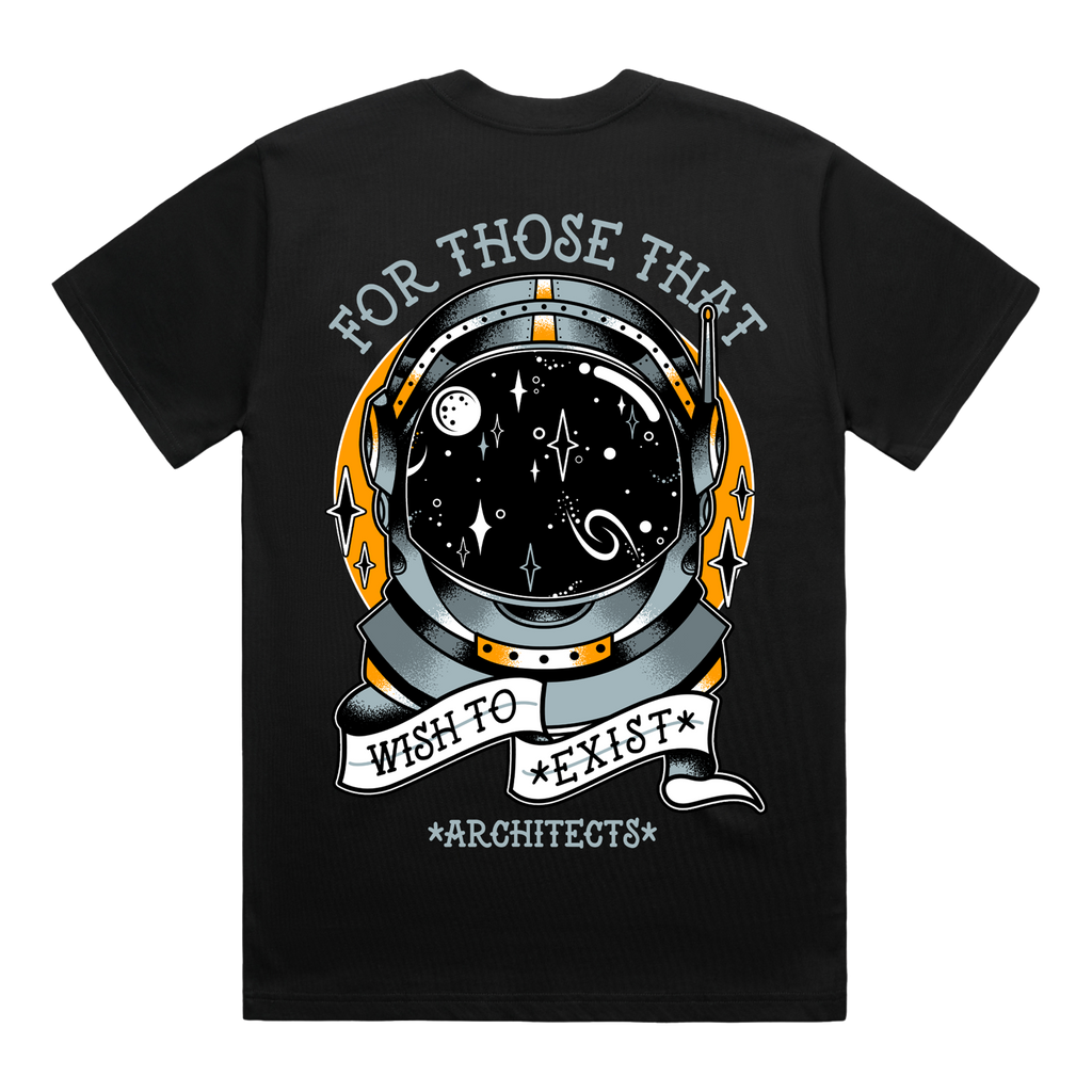 Black T-shirt featuring a graphic astronaut print across the back, with surrounding text reading ‘For Those That Wish to Exist'.