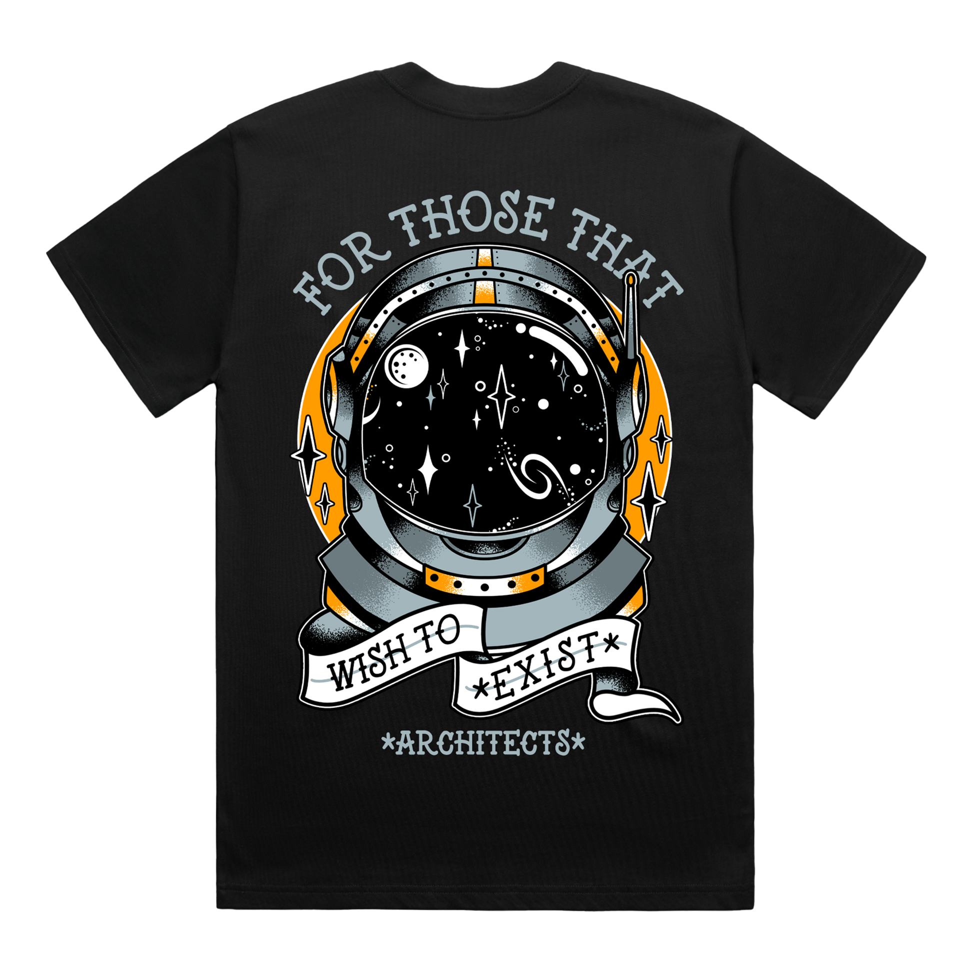 Black T-shirt featuring a graphic astronaut print across the back, with surrounding text reading ‘For Those That Wish to Exist'.