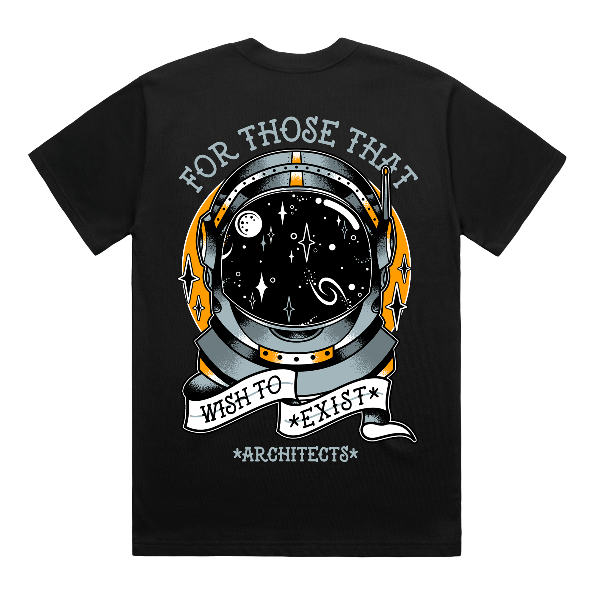 Black T-shirt featuring a graphic astronaut print across the back, with surrounding text reading ‘For Those That Wish to Exist'.