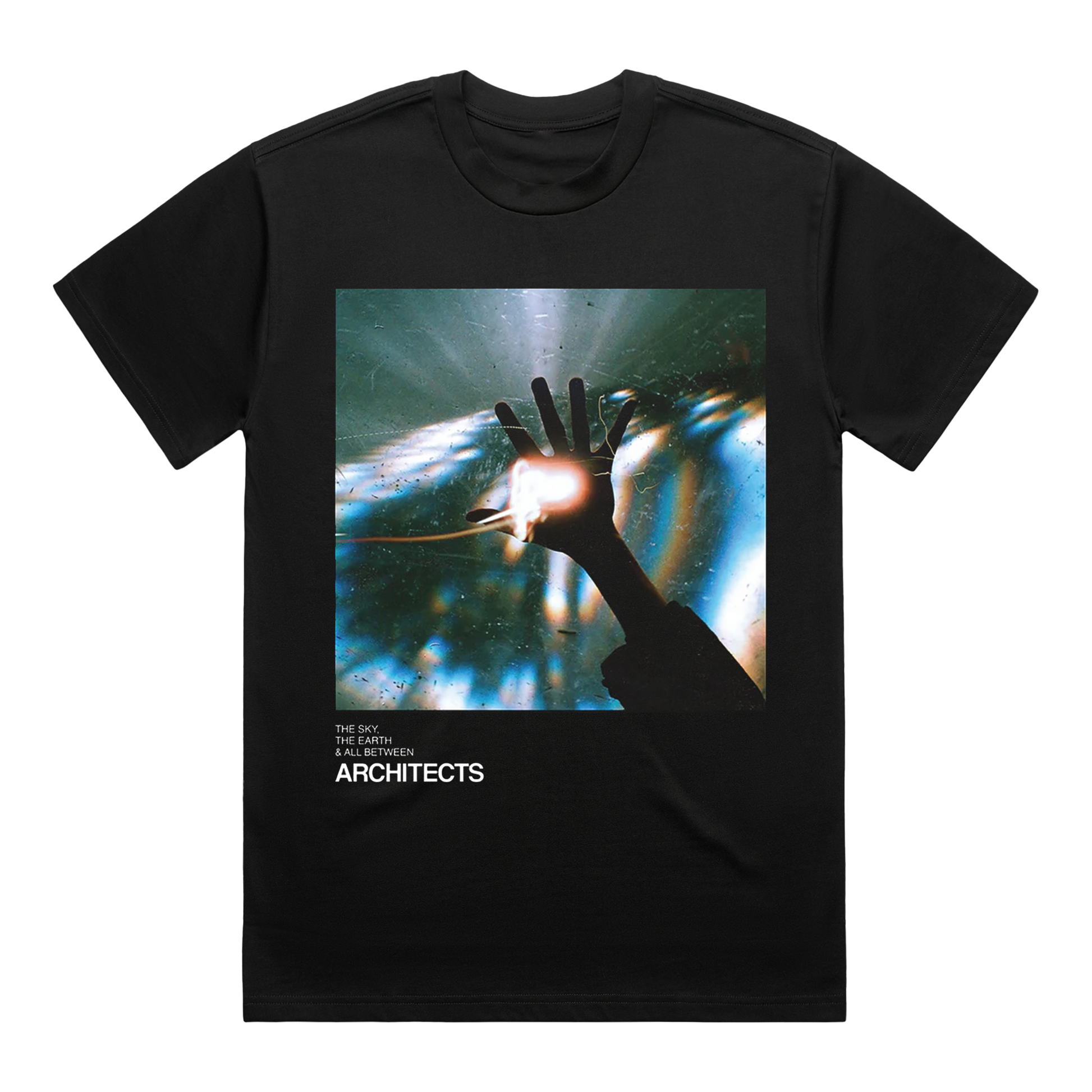 Black short-sleeve unisex regular fit T-shirt with Architects The Sky, The Earth & All Between album art print across the front.