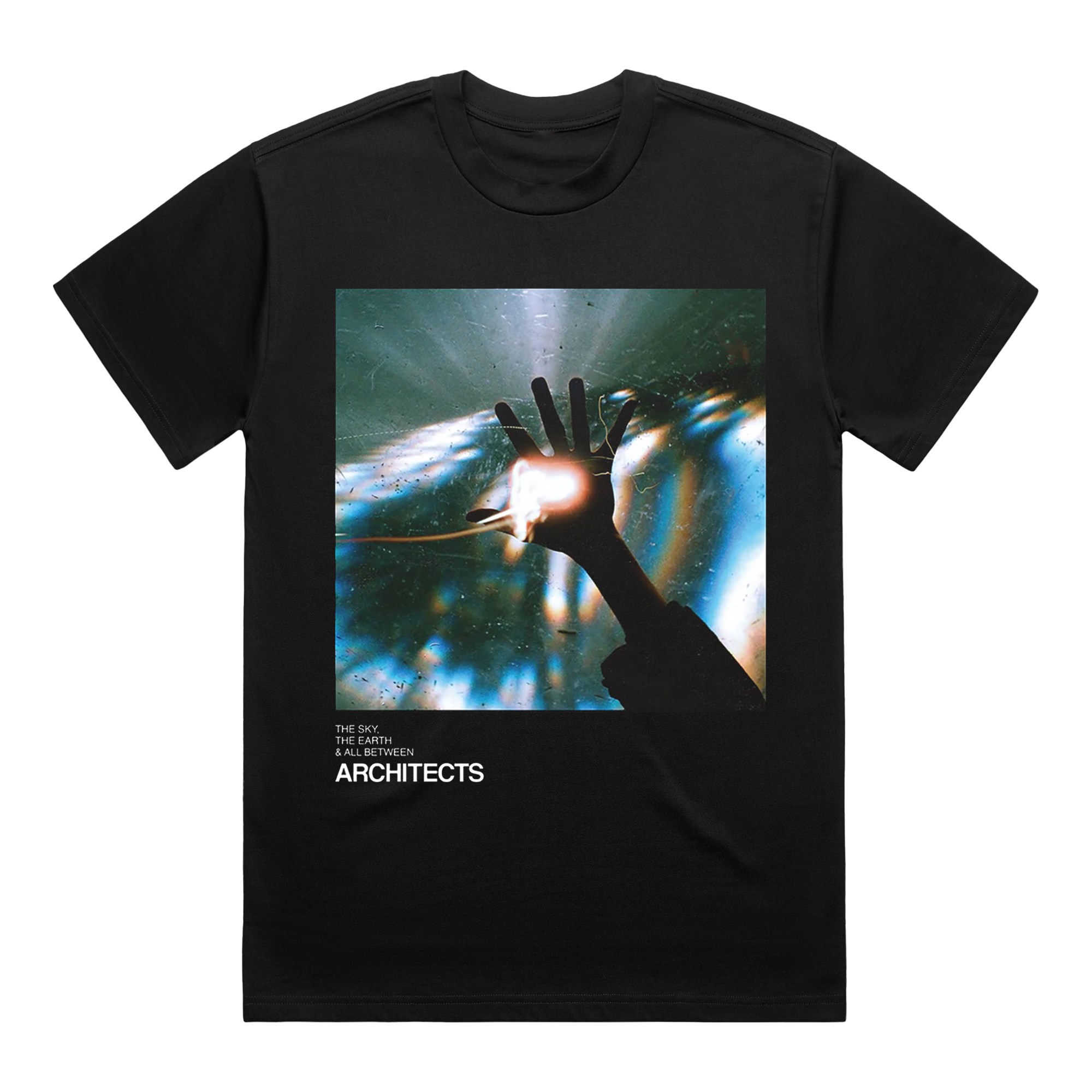 Black short-sleeve unisex regular fit T-shirt with Architects The Sky, The Earth & All Between album art print across the front.