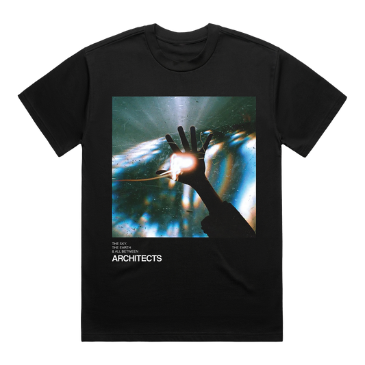 Black short-sleeve unisex regular fit T-shirt with Architects The Sky, The Earth & All Between album art print across the front.