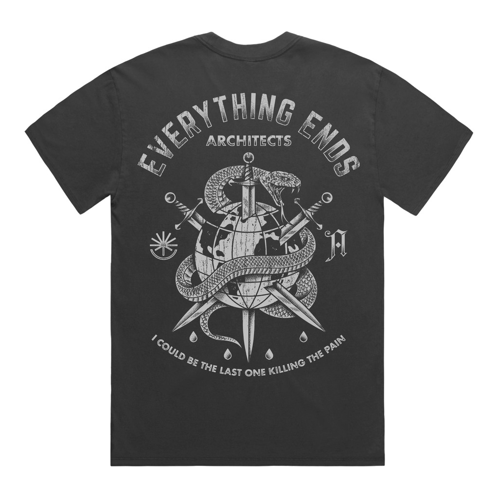 Vintage black short-sleeve T-shirt featuring “Everything Ends – Architects” text across the top, a white graphic of a globe pierced by swords and held by a snake in the center, with white text below reading “I could be the last one killing the pain.”