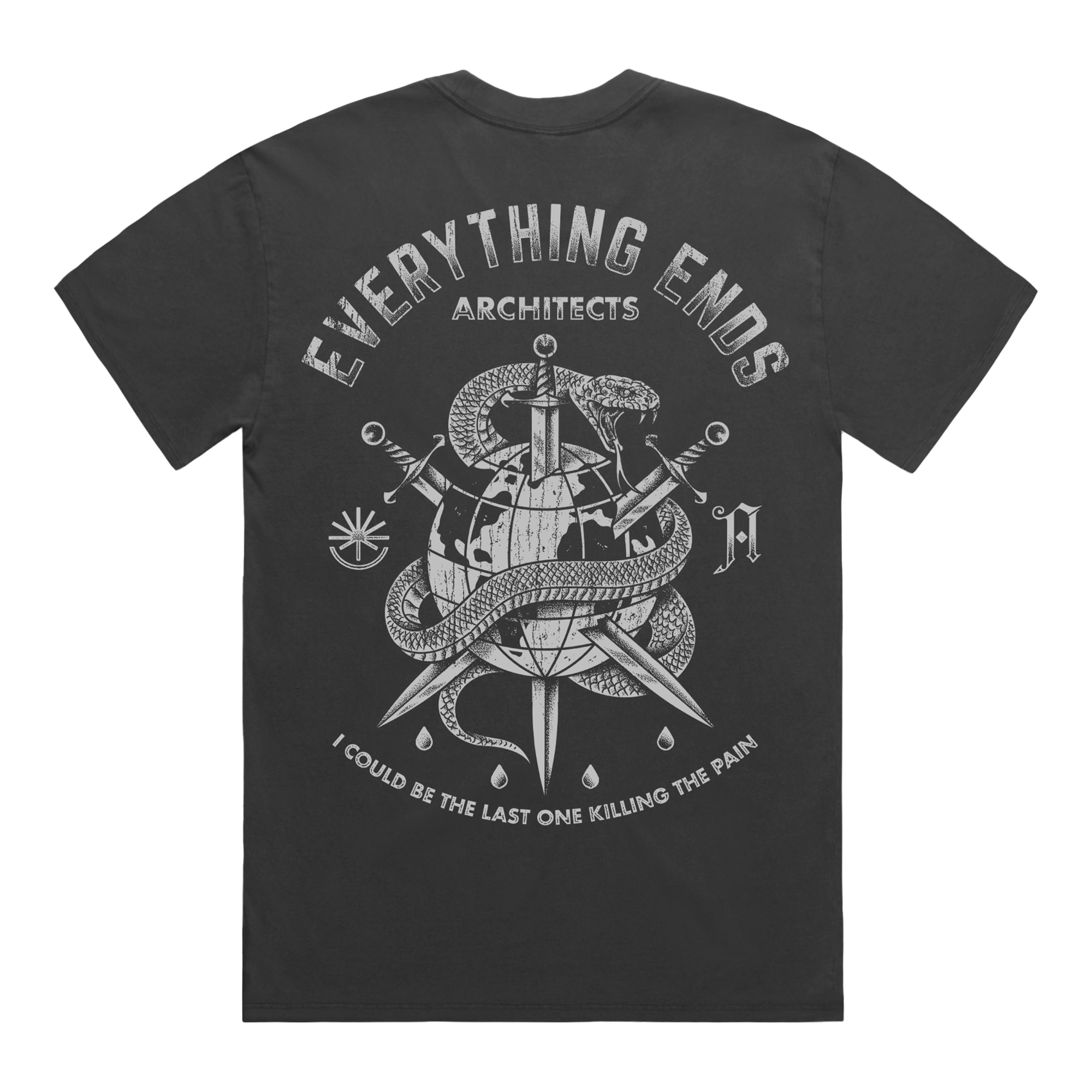 Vintage black short-sleeve T-shirt featuring “Everything Ends – Architects” text across the top, a white graphic of a globe pierced by swords and held by a snake in the center, with white text below reading “I could be the last one killing the pain.”