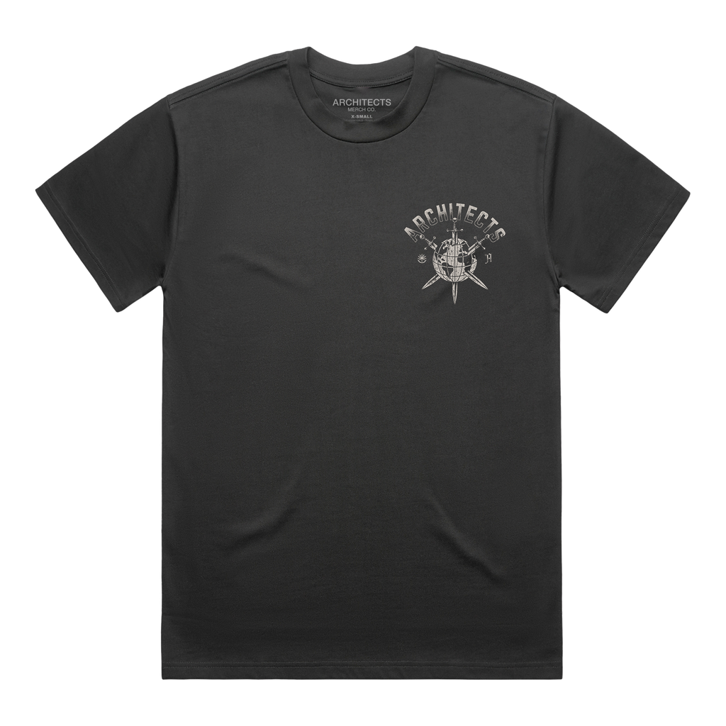 Black short-sleeve T-shirt featuring an Architects globe print on the front, across the right-hand side of the chest.