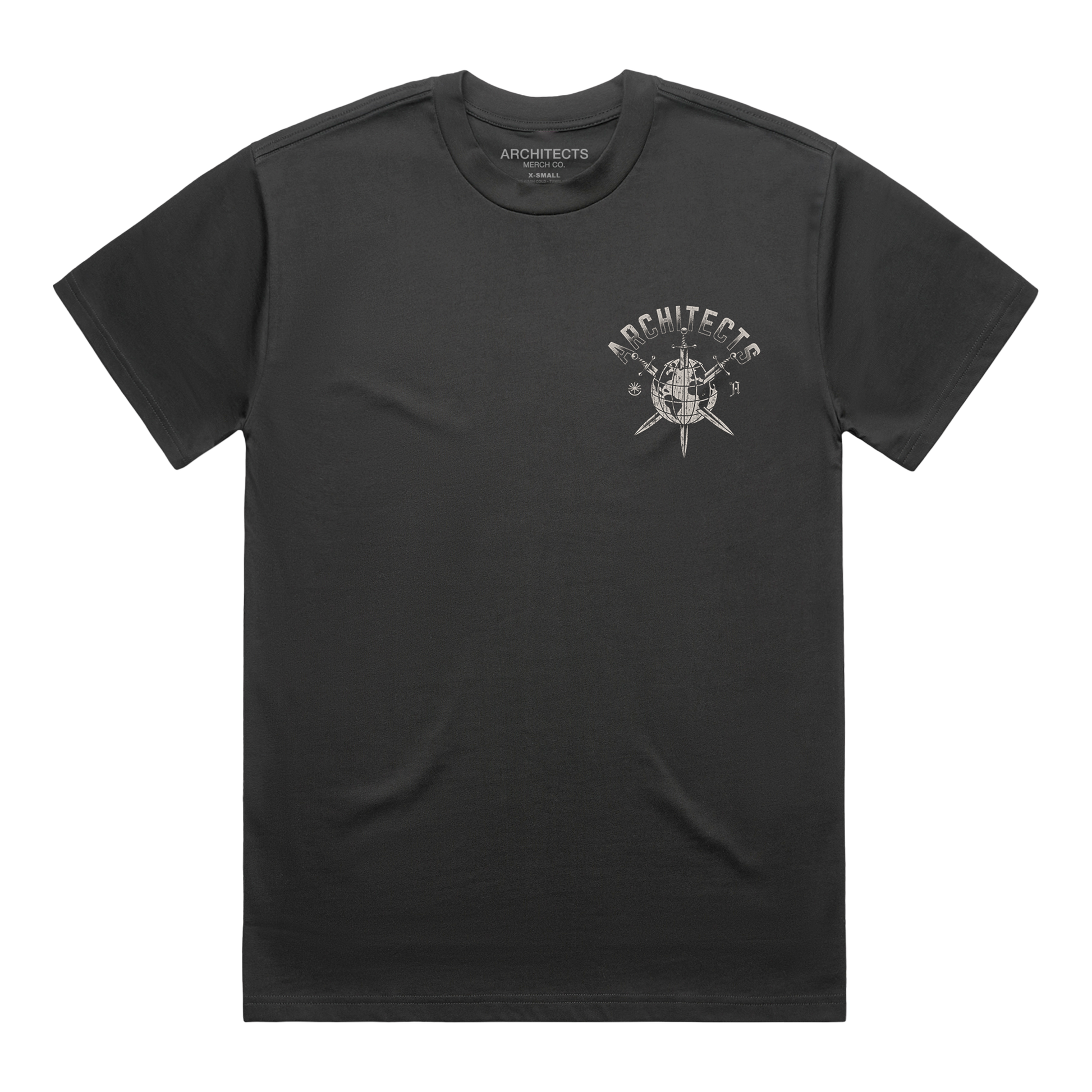 Black short-sleeve T-shirt featuring an Architects globe print on the front, across the right-hand side of the chest.