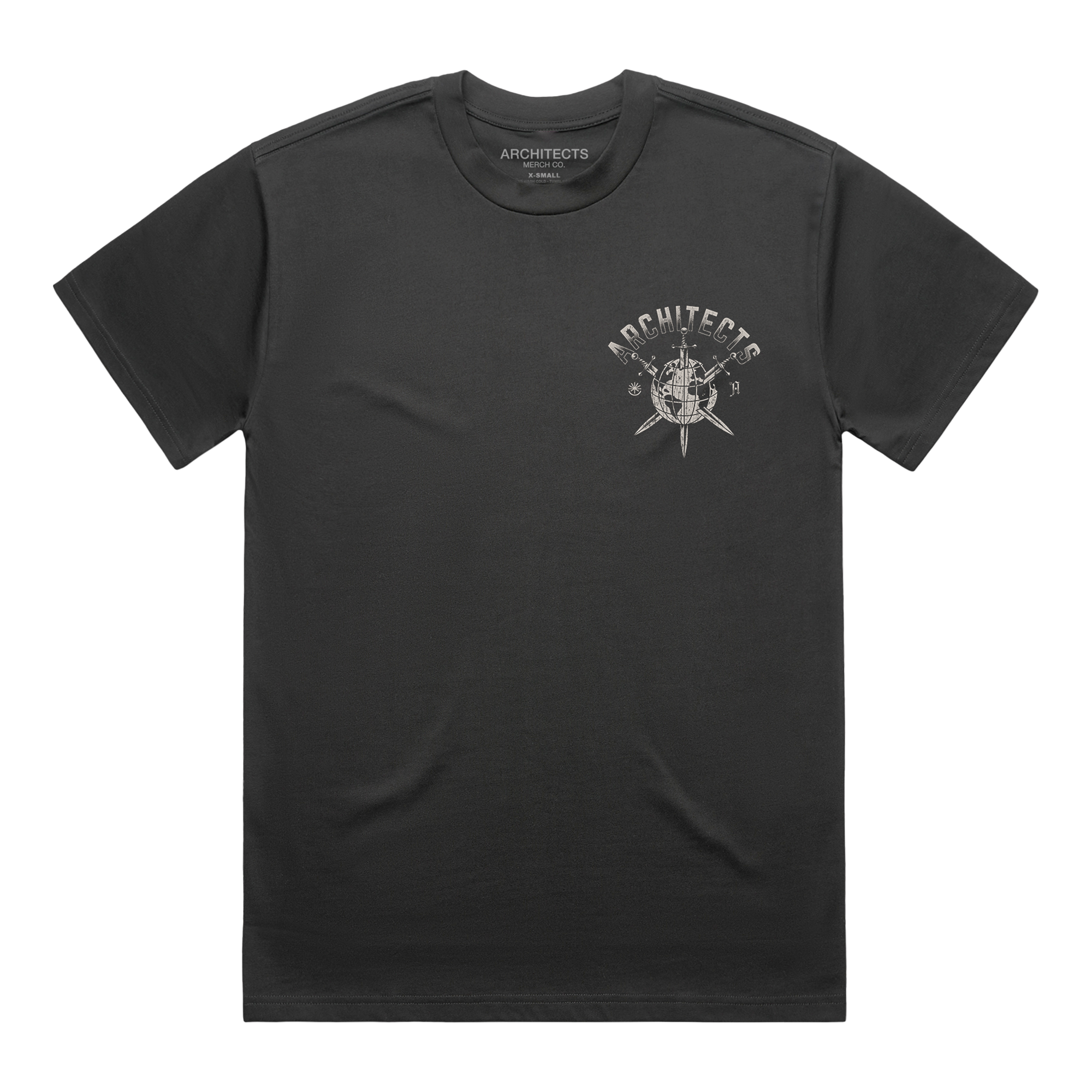 Black short-sleeve T-shirt featuring an Architects globe print on the front, across the right-hand side of the chest.