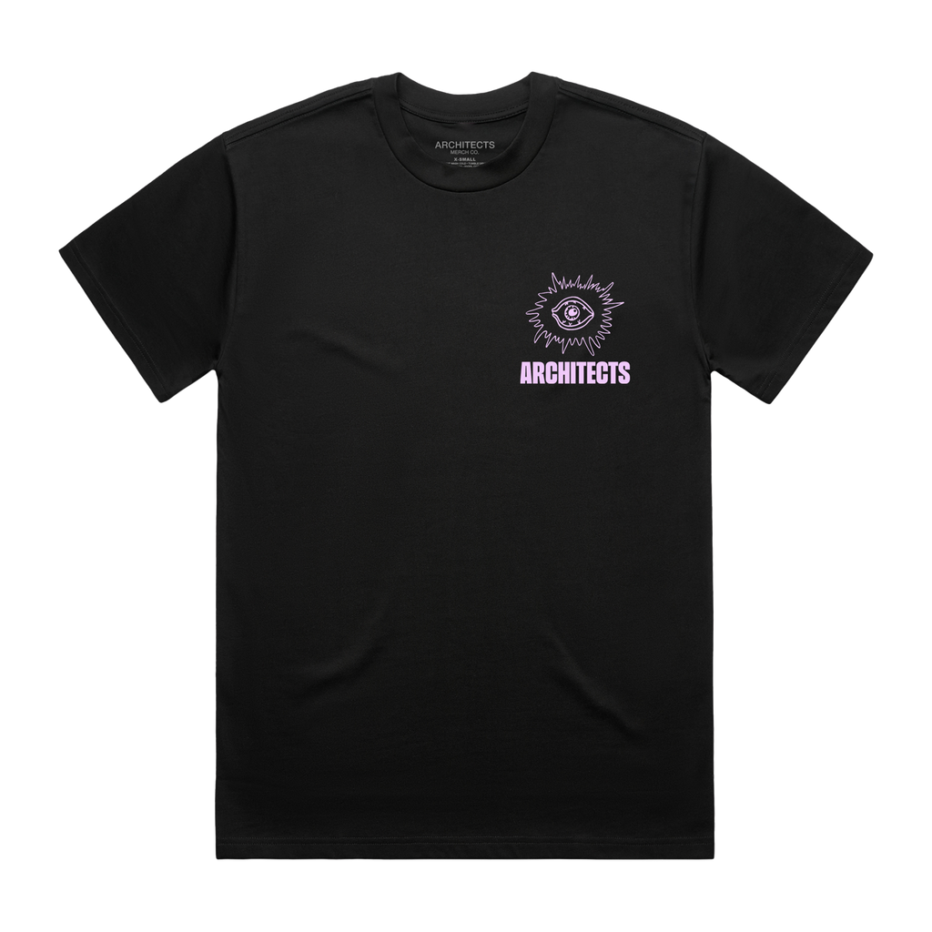 Black short-sleeve unisex regular fit T-shirt with round pink Architects eye print on the front chest