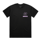 Black short-sleeve unisex regular fit T-shirt with round pink Architects eye print on the front chest