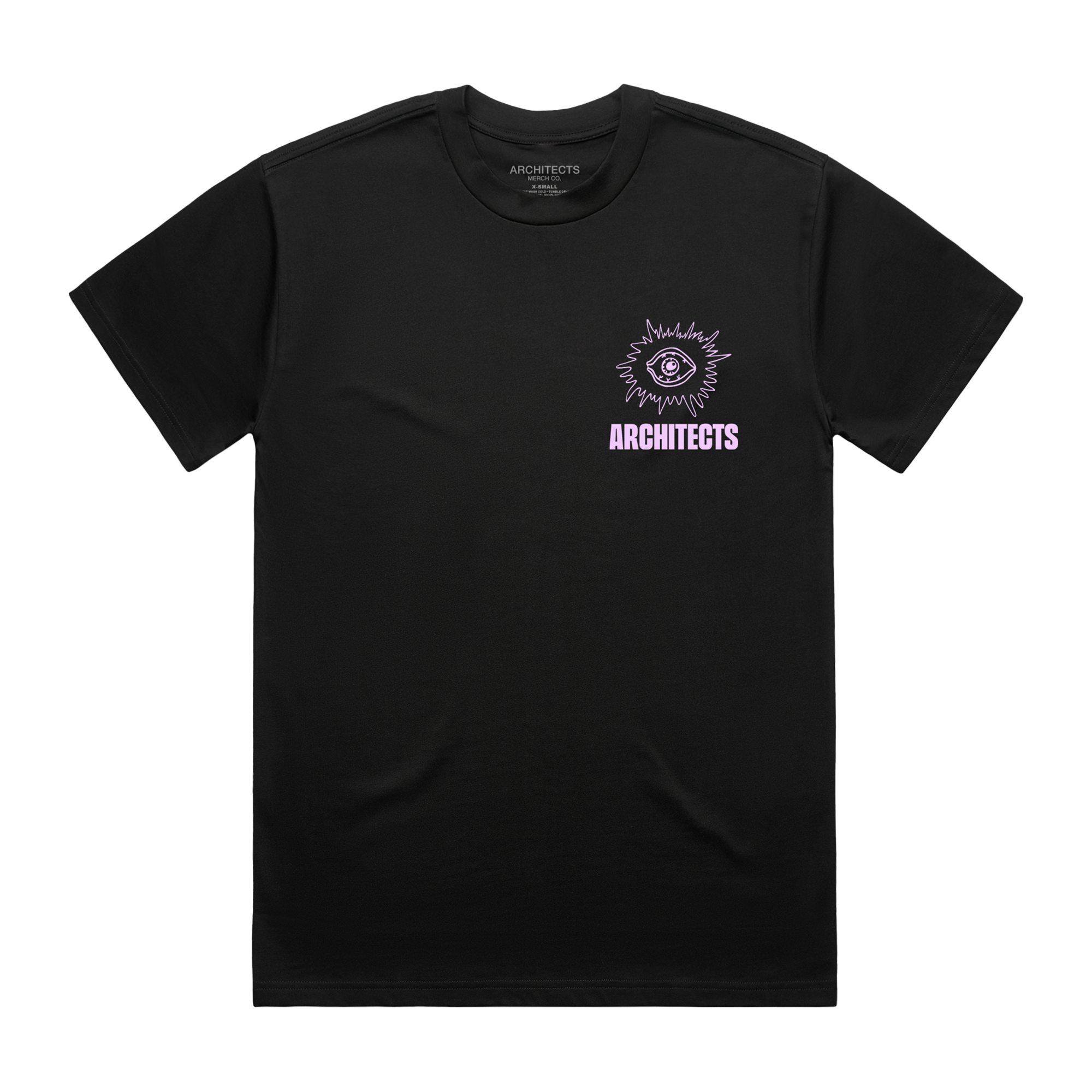 Black short-sleeve unisex regular fit T-shirt with round pink Architects eye print on the front chest