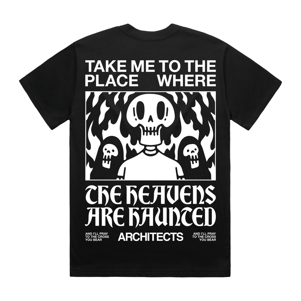Black T-shirt showing a bold skull print across the back, with the phrase 'Take me to the place where' above the graphic and 'The Heavens are hunted beneath it.'