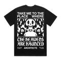 Black T-shirt showing a bold skull print across the back, with the phrase 'Take me to the place where' above the graphic and 'The Heavens are hunted beneath it.'