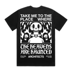 Black T-shirt showing a bold skull print across the back, with the phrase 'Take me to the place where' above the graphic and 'The Heavens are hunted beneath it.'