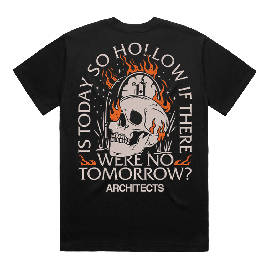 Black t-shirt with a skull design and text on the back, featuring the band 'Architects'.