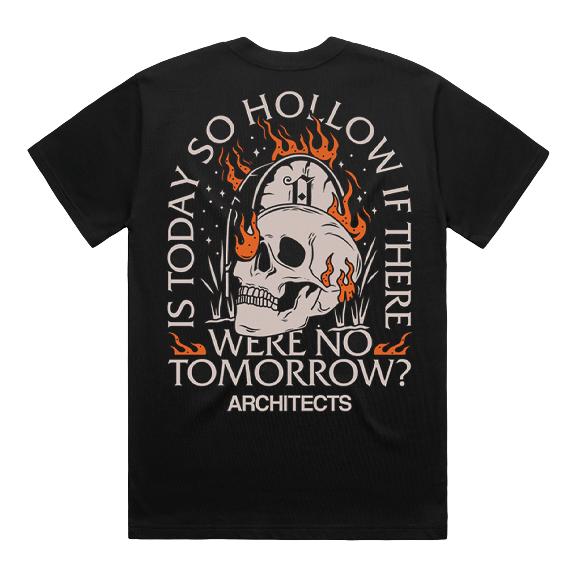 Black t-shirt with a skull design and text on the back, featuring the band 'Architects'.