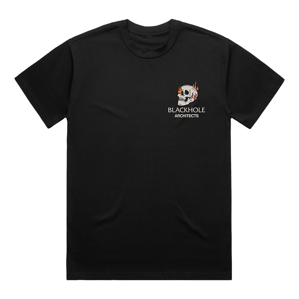 Black t-shirt with skull graphic and Architects logo on the chest.
