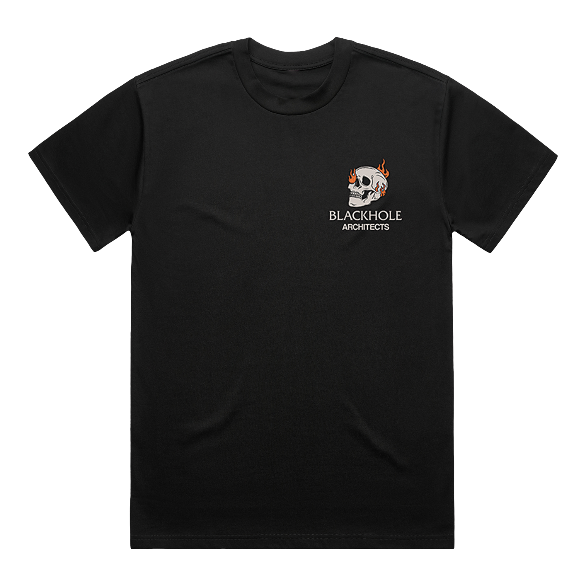 Black t-shirt with skull graphic and Architects logo on the chest.