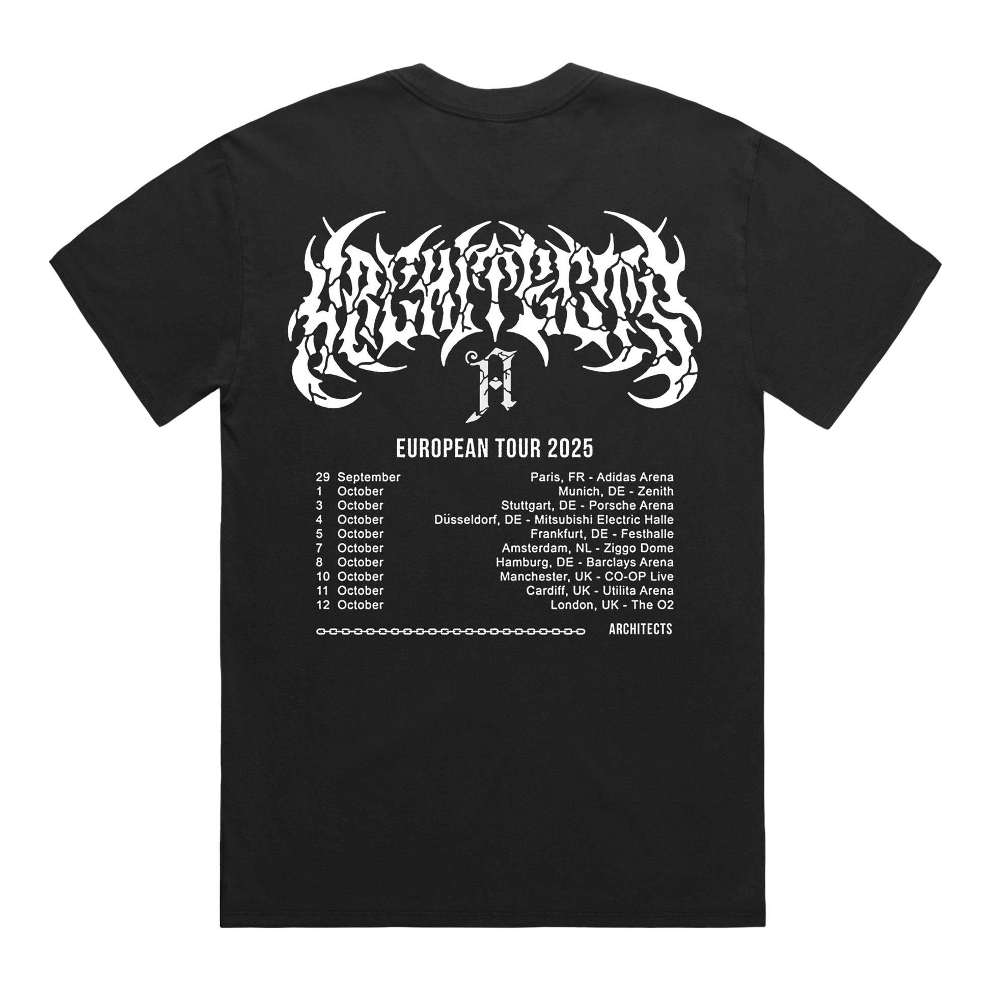Black short-sleeve T-Shirt featuring a white Architects logo and UK + EU Autumn 2025 tour dates on the back.