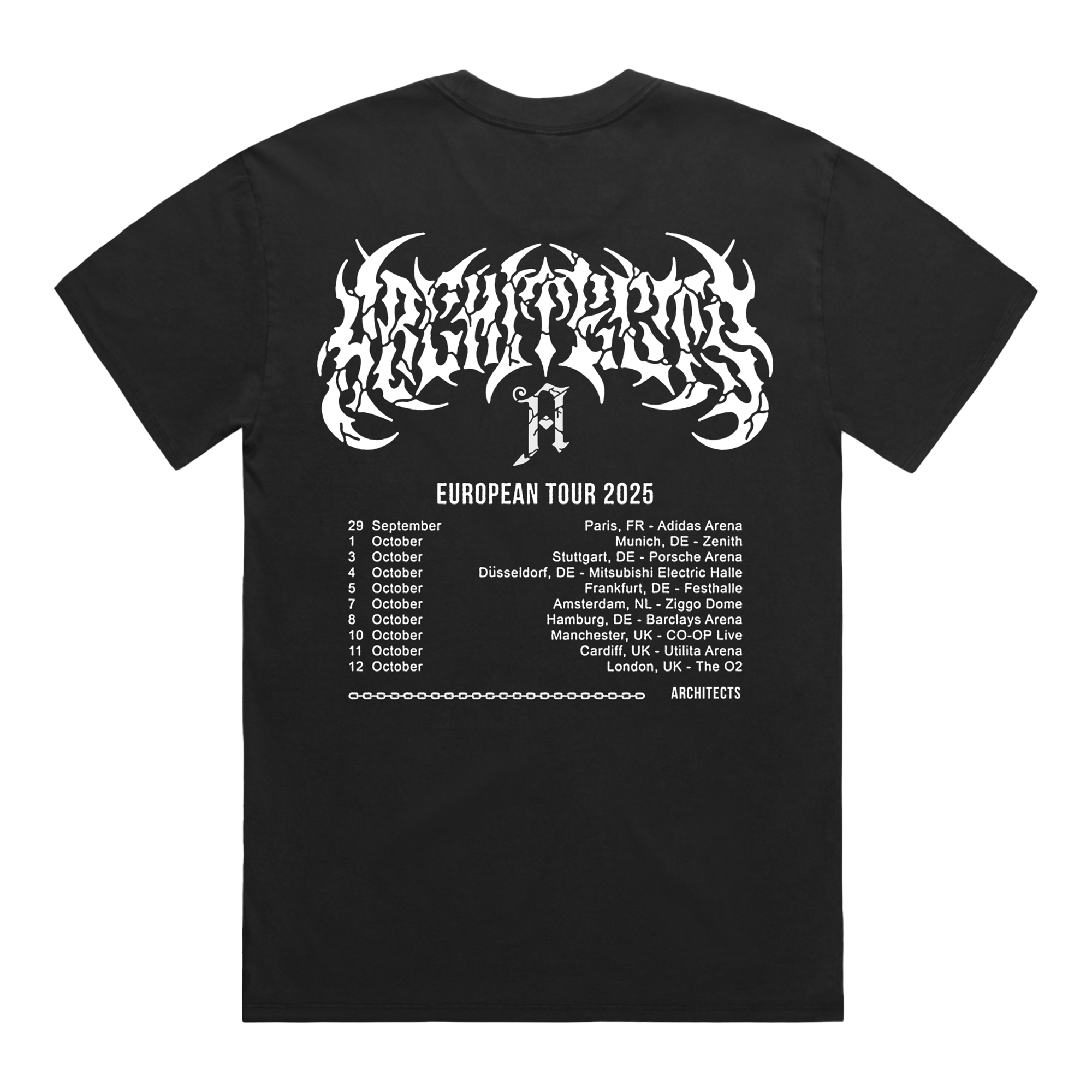 Black short-sleeve T-Shirt featuring a white Architects logo and UK + EU Autumn 2025 tour dates on the back.