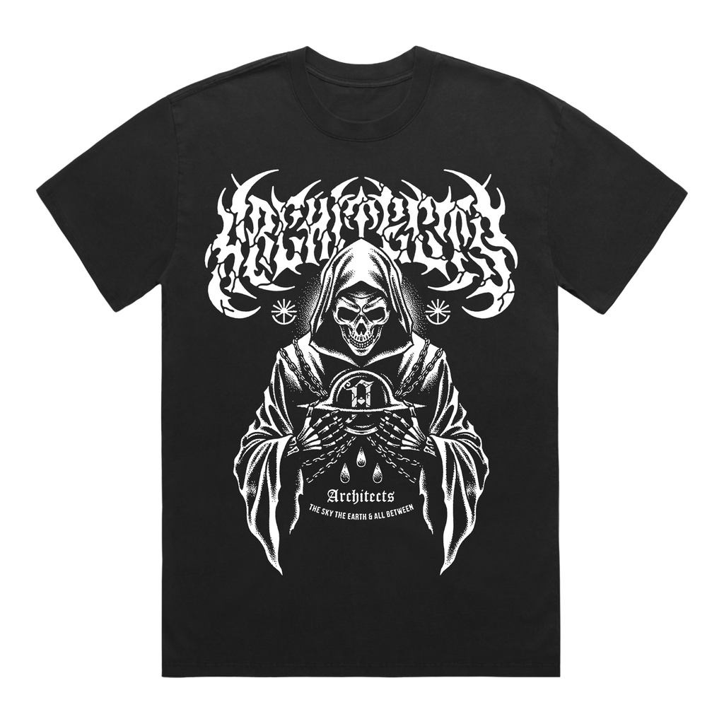 Black short-sleeve T-Shirt with white Architects text print, and a white reaper graphic print across the front.