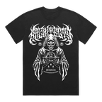 Black short-sleeve T-Shirt with white Architects text print, and a white reaper graphic print across the front.
