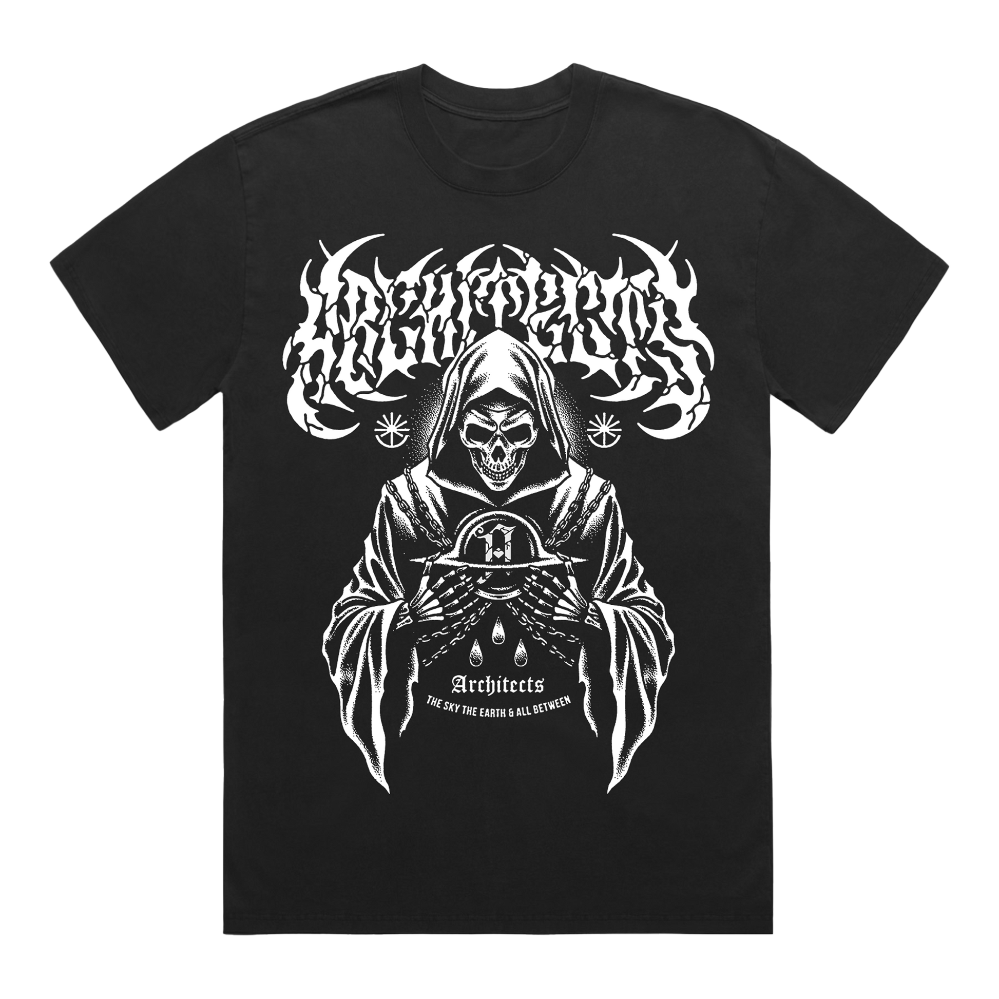 Black short-sleeve T-Shirt with white Architects text print, and a white reaper graphic print across the front.