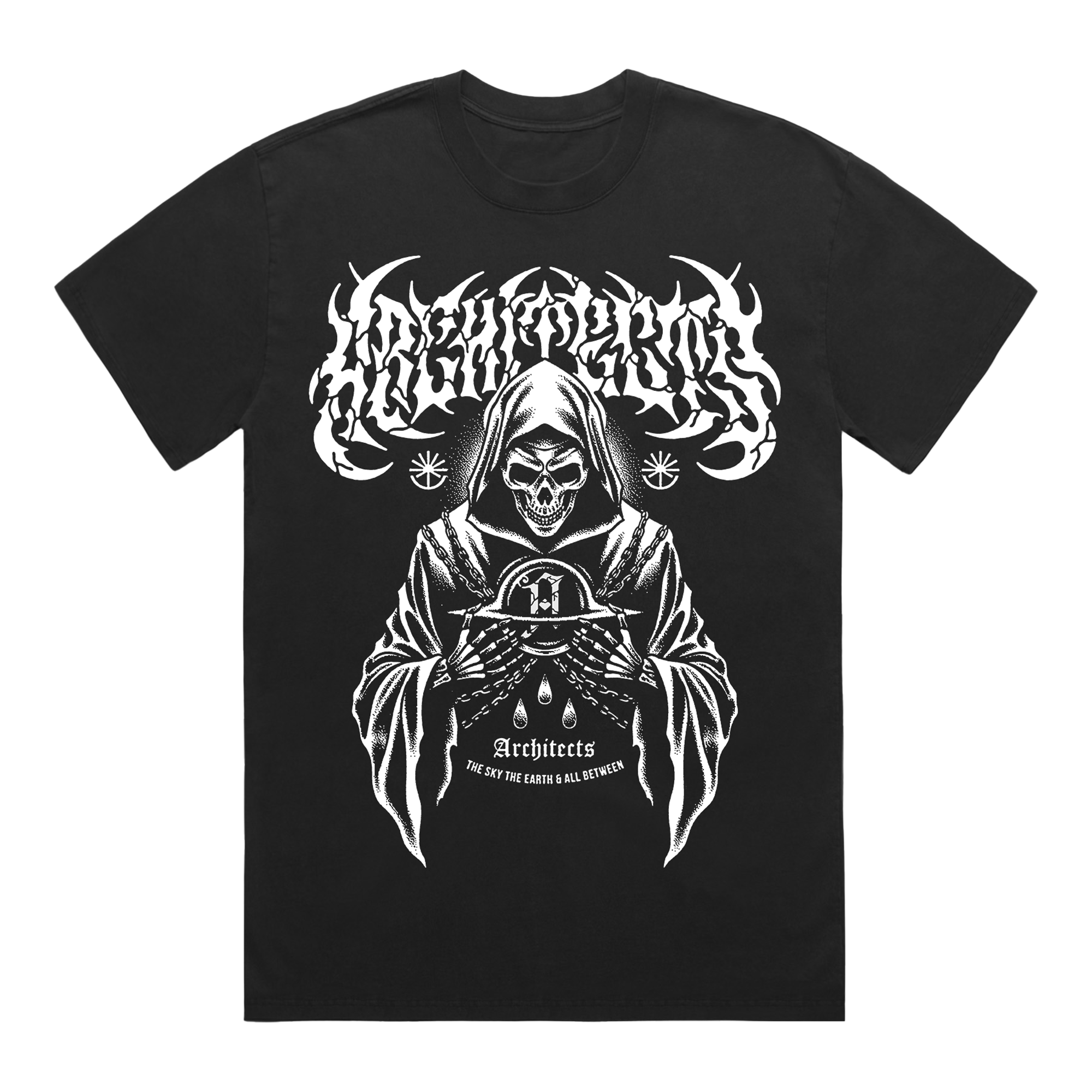 Black short-sleeve T-Shirt with white Architects text print, and a white reaper graphic print across the front.
