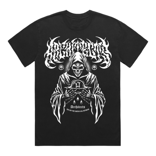 Black short-sleeve T-Shirt with white Architects text print, and a white reaper graphic print across the front.
