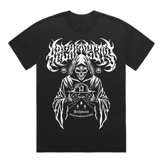 Black short-sleeve T-Shirt with white Architects text print, and a white reaper graphic print across the front.