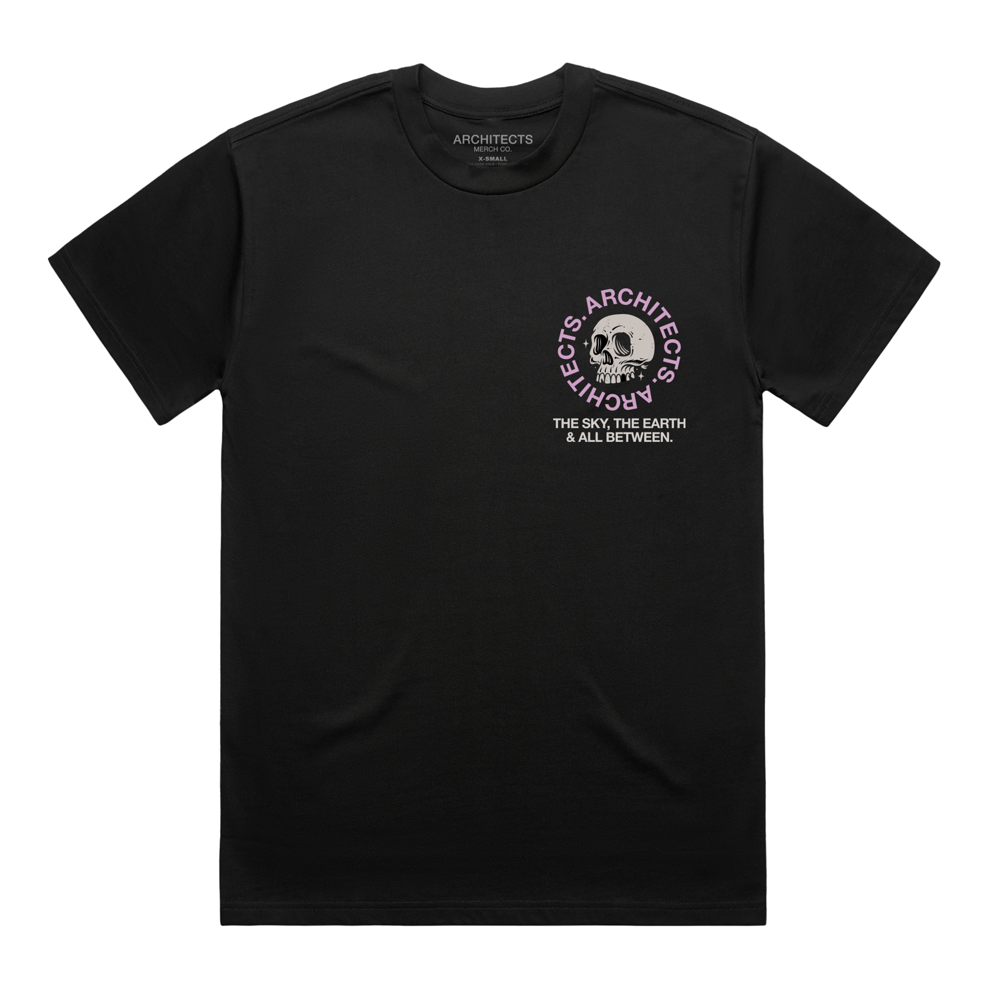 Black short-sleeve t-shirt with a skull graphic on the right side of the chest, surrounded by pink “Architects” text, and white text underneath that reads “The Sky, The Earth & All Between.”