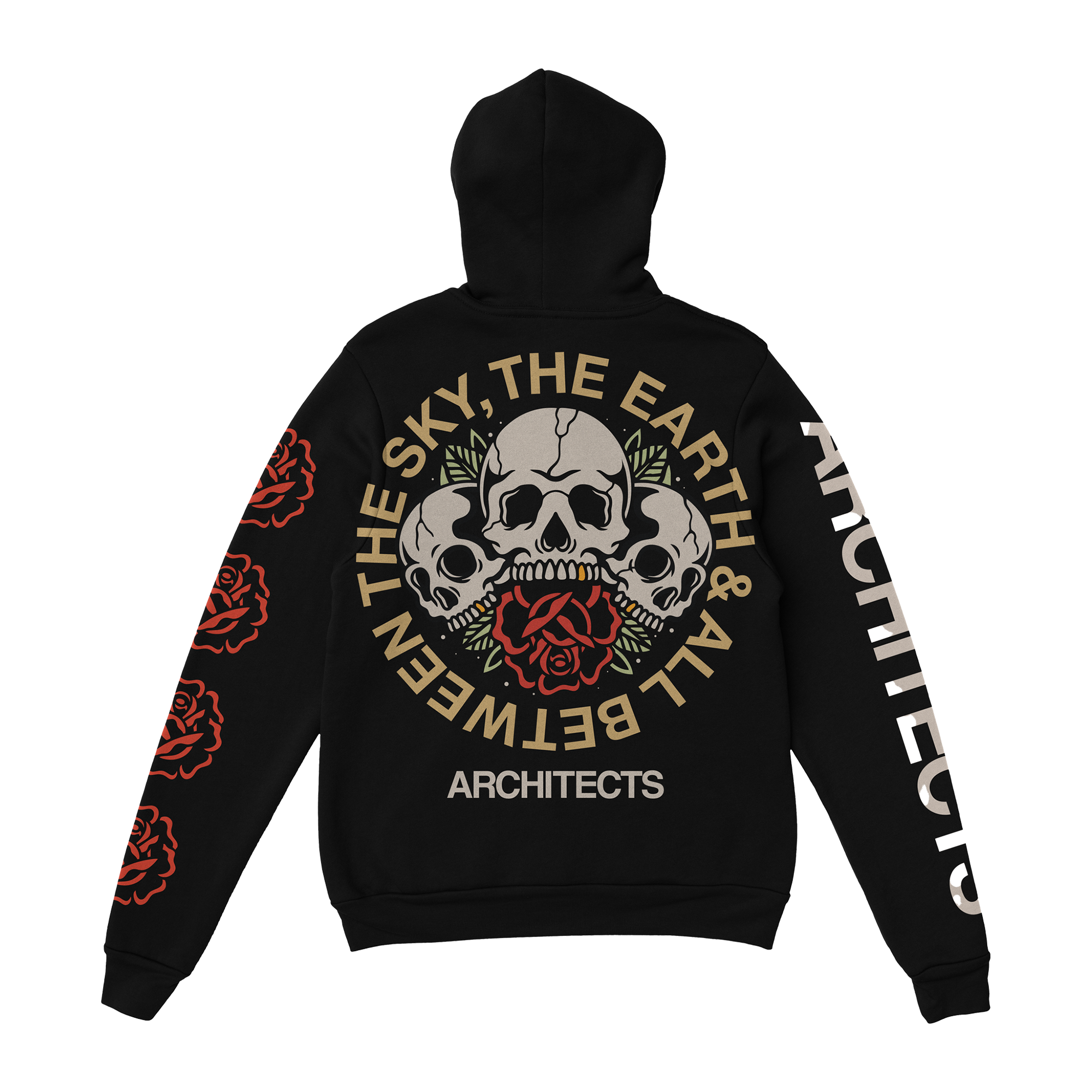 Black hoodie with Architects ‘The Sky, The Earth & All Between’ skull and rose print on the back.