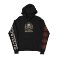 Black hoodie featuring a ‘The Sky, The Earth & All Between’ skull design on the front, red roses along the left sleeve, and white ‘Architects’ text down the right arm.