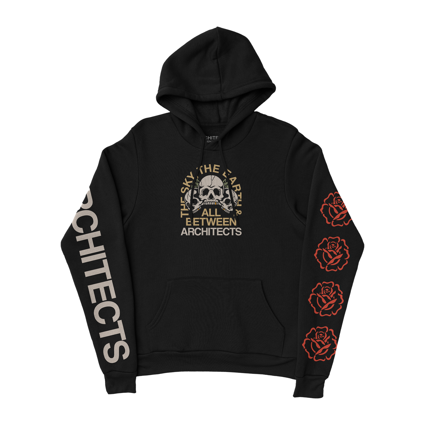 Black hoodie featuring a ‘The Sky, The Earth & All Between’ skull design on the front, red roses along the left sleeve, and white ‘Architects’ text down the right arm.