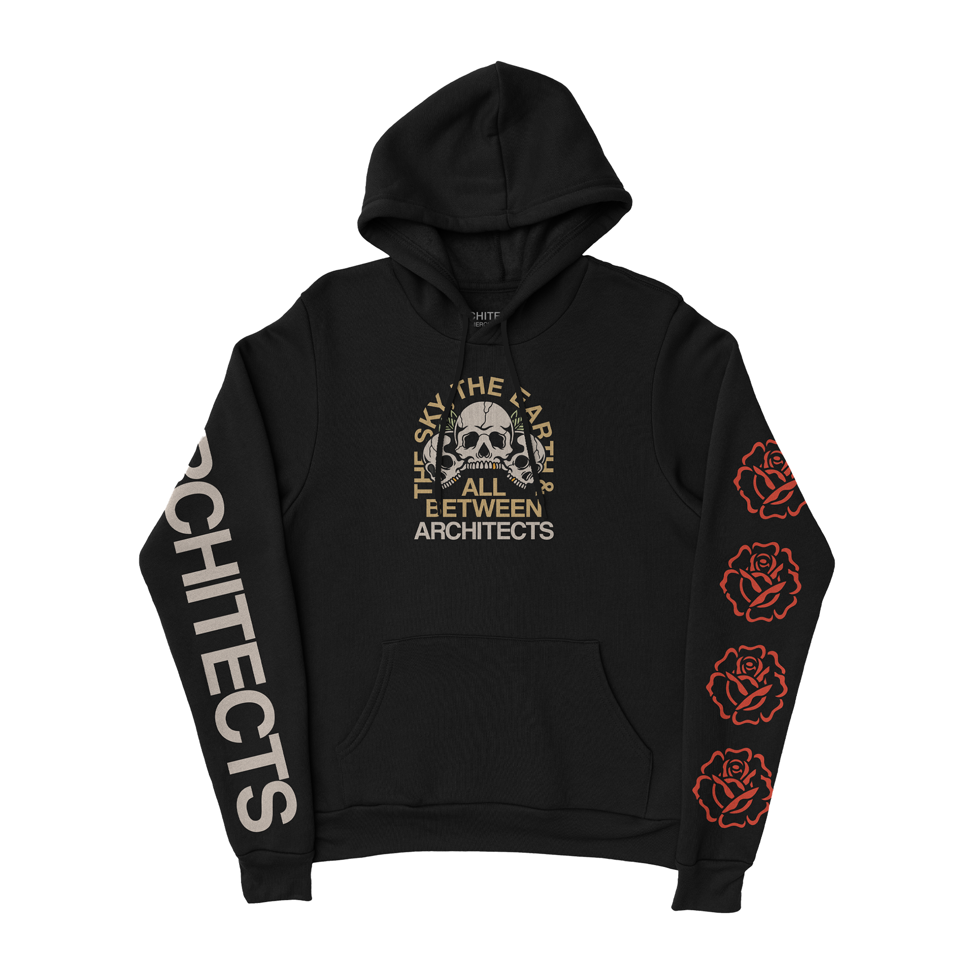 Black hoodie featuring a ‘The Sky, The Earth & All Between’ skull design on the front, red roses along the left sleeve, and white ‘Architects’ text down the right arm.