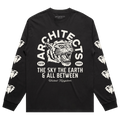 Black long-sleeve t-shirt with a tiger graphic across the center front, surrounded by text reading “Architects, Est 2004, The Sky, The Earth & All Between.” Each sleeve features four diamond-shaped graphic prints running down the length.