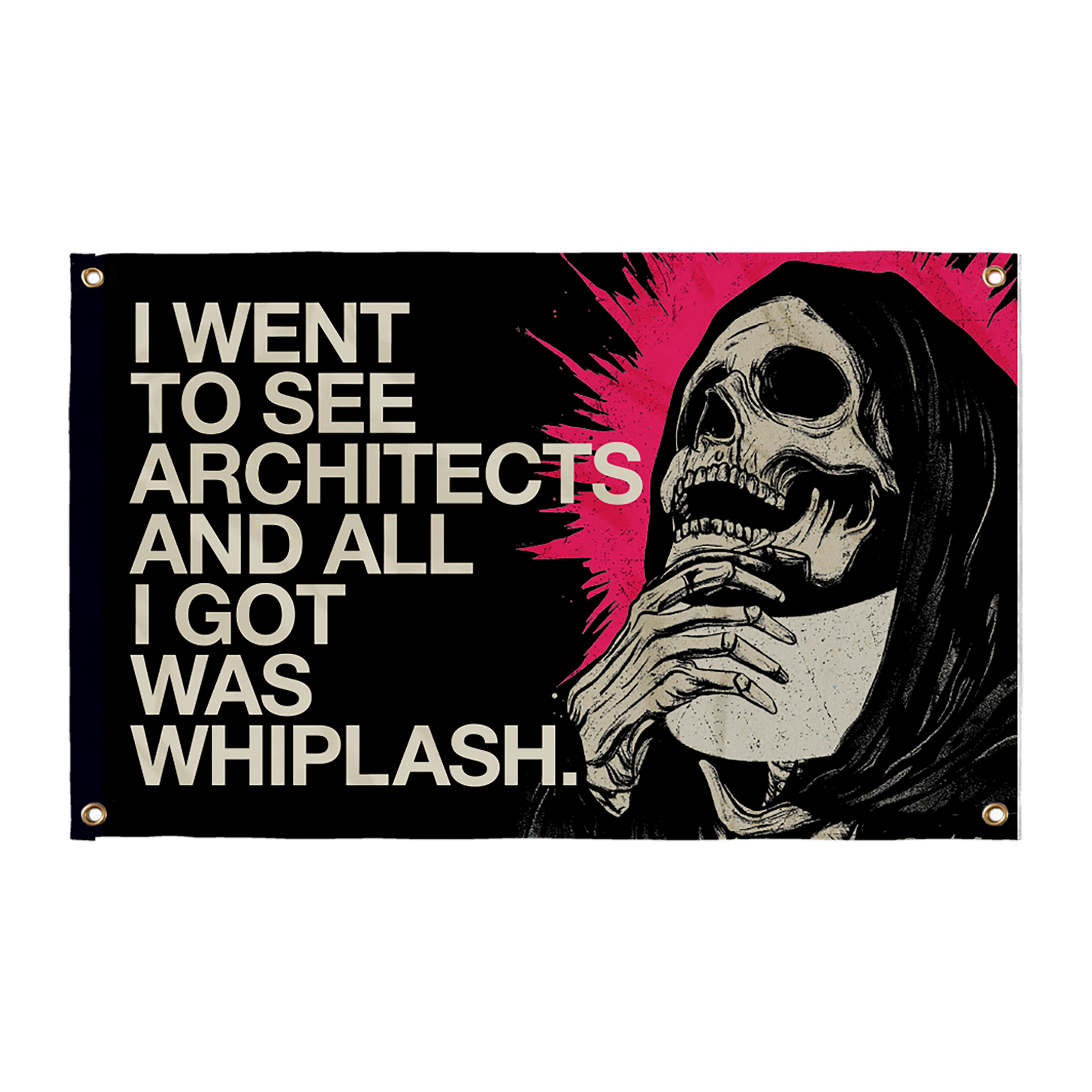 Black Architects flag with a skull design, and text reading 'I went to see Architects and all I got was Whiplash'