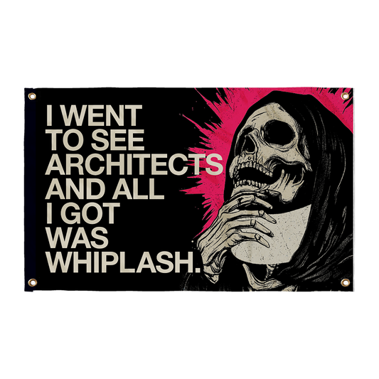 Black Architects flag with a skull design, and text reading 'I went to see Architects and all I got was Whiplash'