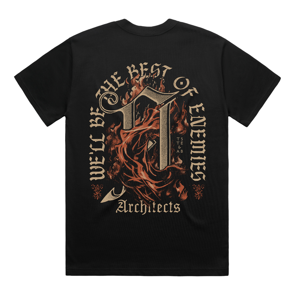 Black short-sleeve T-shirt featuring a burning ‘A’ print on the back and golden text reading ‘We’ll Be the Best of Enemies.