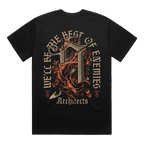 Black short-sleeve T-shirt featuring a burning ‘A’ print on the back and golden text reading ‘We’ll Be the Best of Enemies.