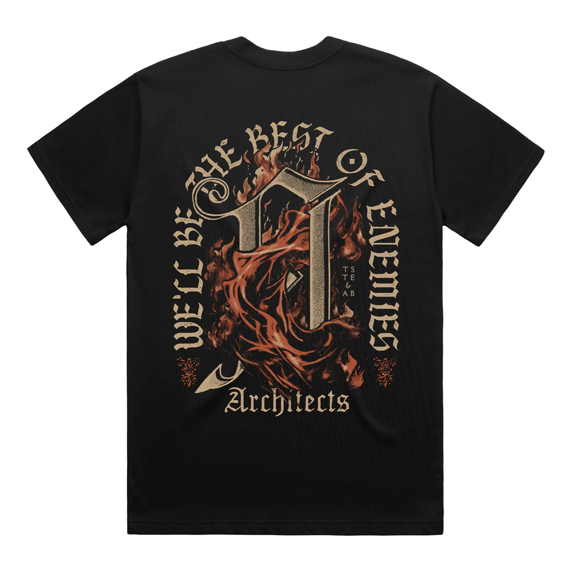 Black short-sleeve T-shirt featuring a burning ‘A’ print on the back and golden text reading ‘We’ll Be the Best of Enemies.