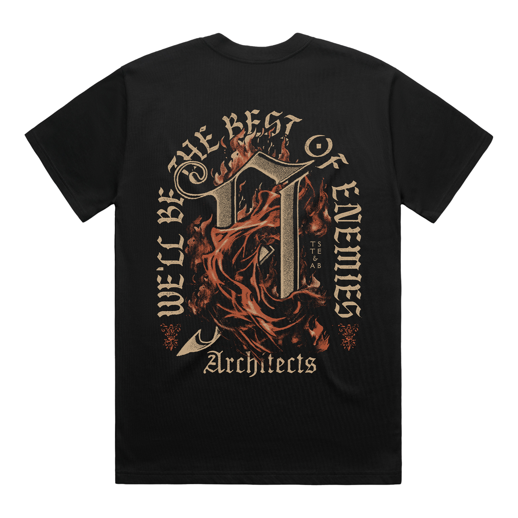 Black short-sleeve T-shirt featuring a burning ‘A’ print on the back and golden text reading ‘We’ll Be the Best of Enemies.