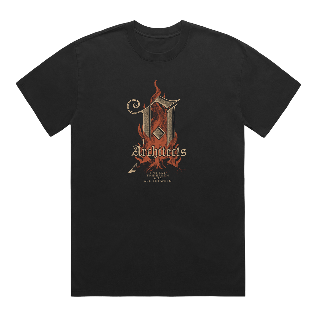 Black short-sleeve T-Shirt with a golden burning A across the front