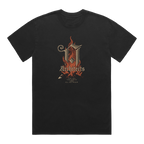 Black short-sleeve T-Shirt with a golden burning A across the front