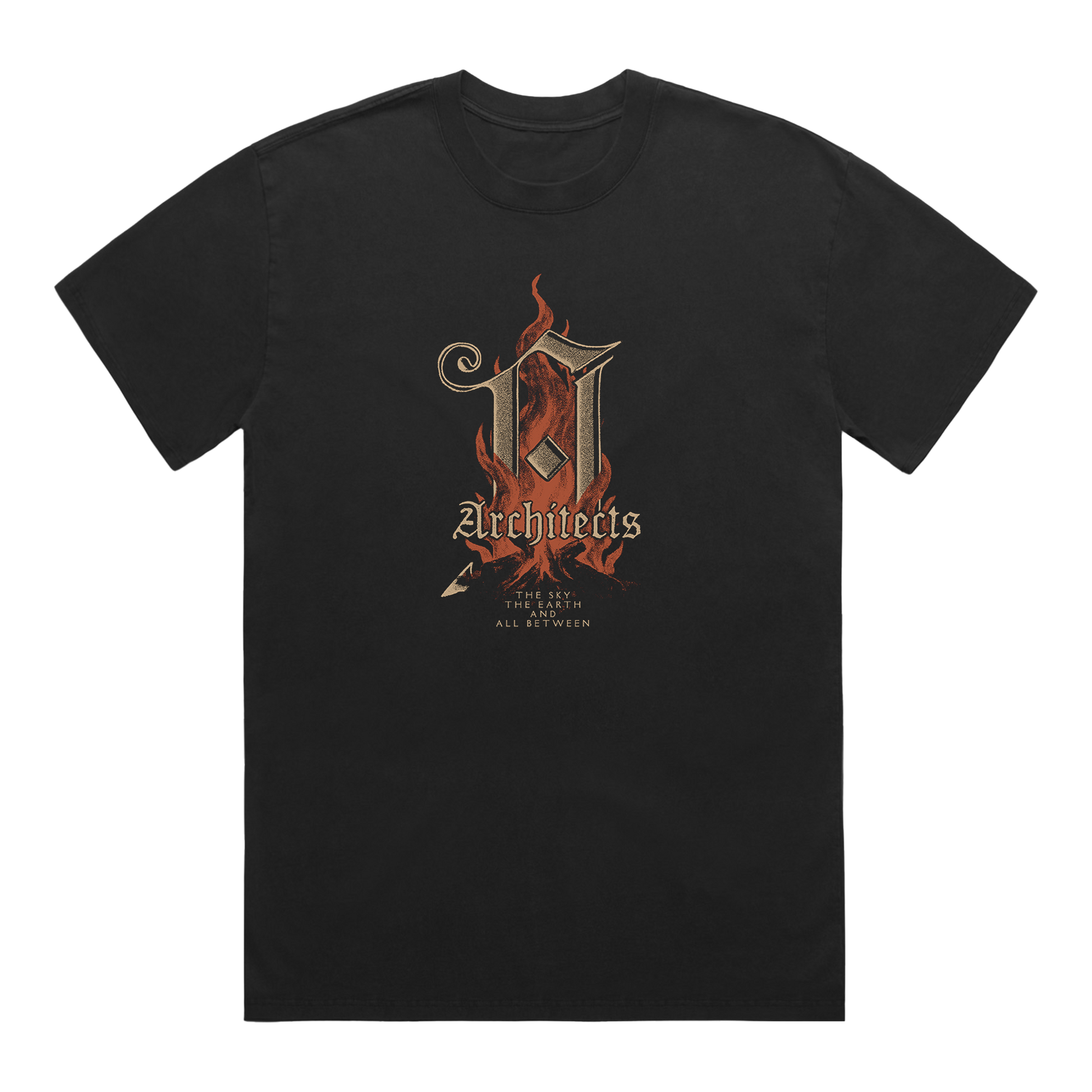 Black short-sleeve T-Shirt with a golden burning A across the front