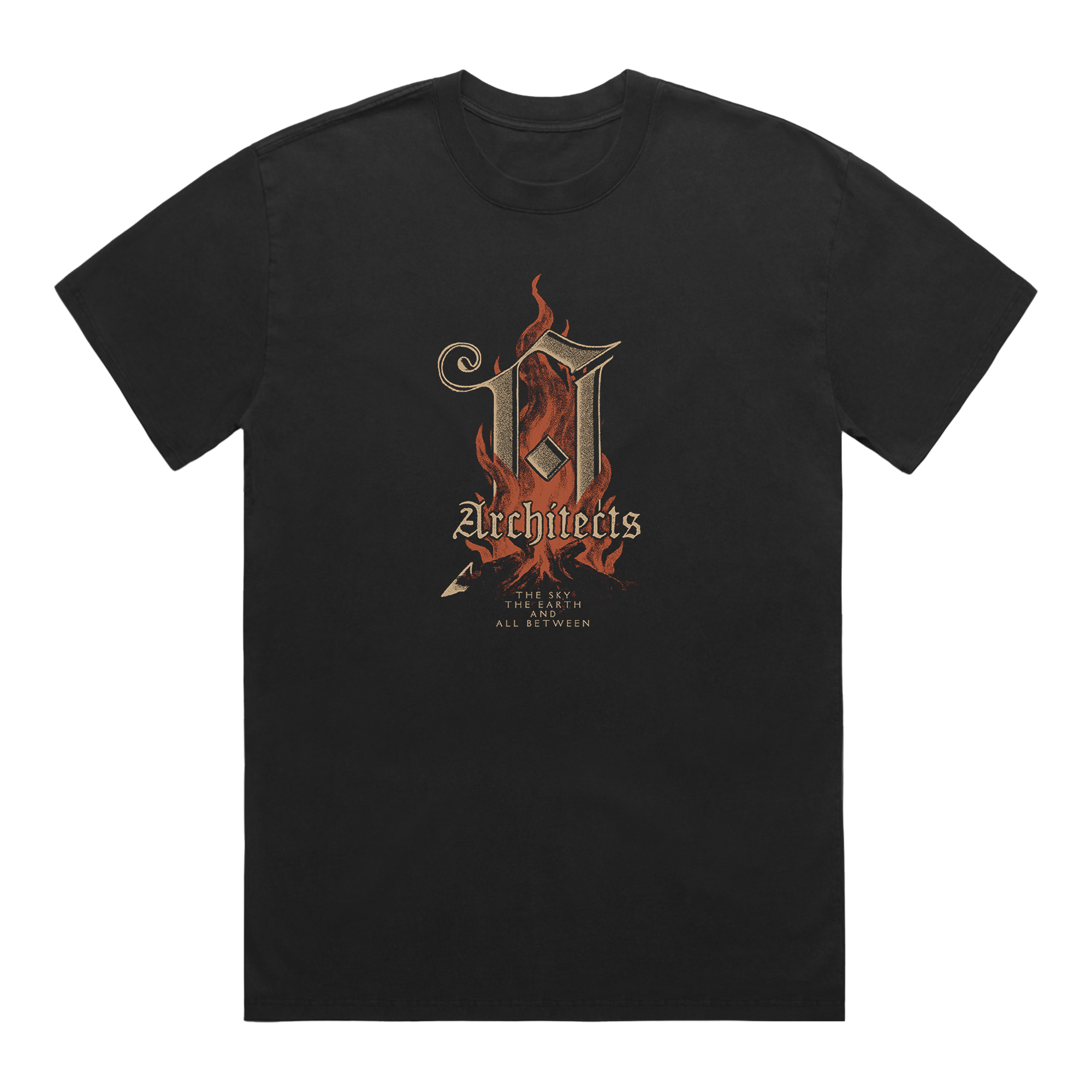 Black short-sleeve T-Shirt with a golden burning A across the front