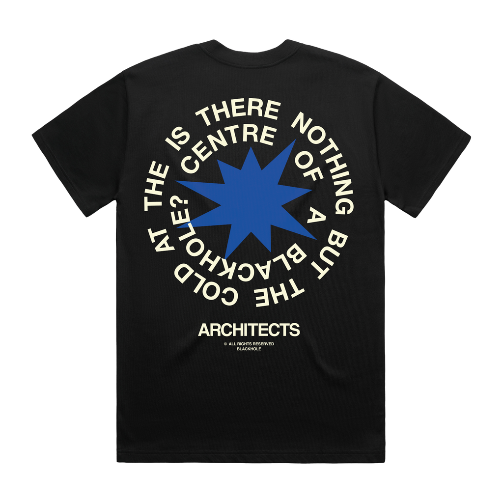 Black short-sleeve unisex regular fit t-shirt with Architects Blackhole print across the back
