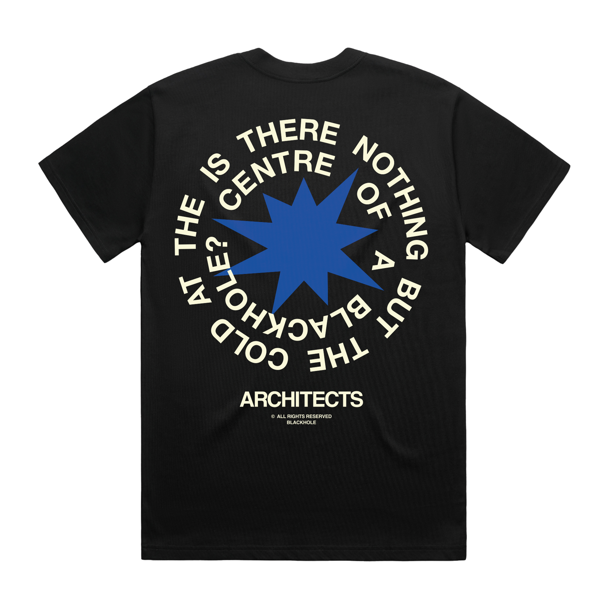 Black short-sleeve unisex regular fit t-shirt with Architects Blackhole print across the back