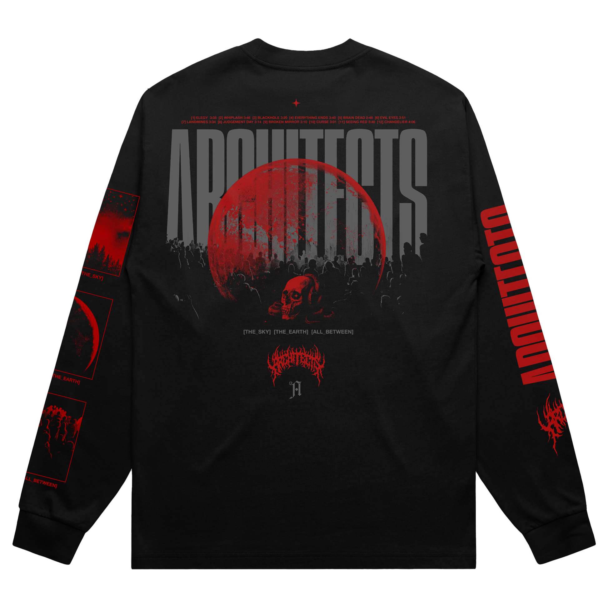 Black long-sleeve shirt with red and gray moon skull design across the back.