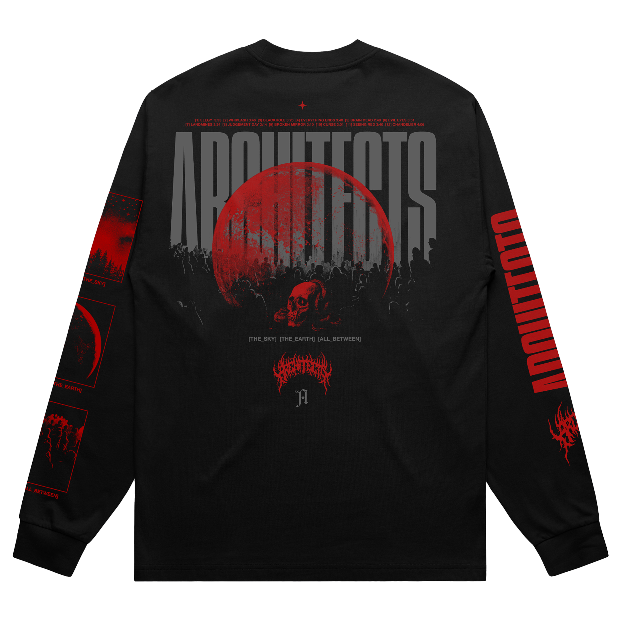 Black long-sleeve shirt with red and gray moon skull design across the back.